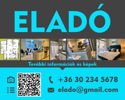Kék-szürke eladó/kiadó felirat/tábla egyedi információkkal