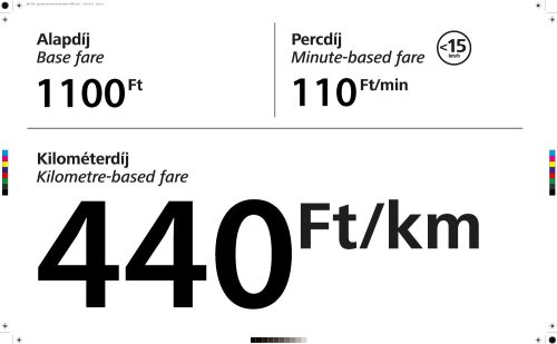 Minősített budapesti TAXI egységes kilométerdíj matrica 50 x 30 cm (átlátszó)